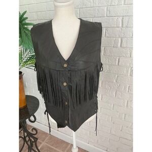 Canyon Creek Leather Vest Women M Black Excellent Fringe Patchwork Biker Boho